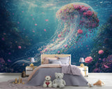 Non-Woven Wallpaper Ethereal Jellyfish Ocean Wall Mural Premium Marine Decor
