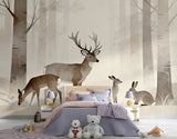 Forest Animals Non-Woven Wallpaper for Kids’ Room Calm Tones for Playroom Deer and Rabbit Wall Print  Forest Design Art Wall Mural