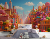 Non-Woven Wall Mural Candy Cityscape – Colorful Fantasy Candy World Wallpaper for Kids Room & Playroom Decor