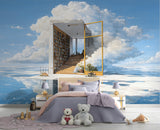 Dreamy Sky Library Wall Mural for Kids Room – Magical Floating Books Self-Adhesive Wallpaper