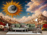 Peel and Stick Wall Mural “Celestial Sun and Moon Fantasy Landscape” – Surreal Art Wallpaper