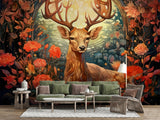 Autumn Forest Deer Wall Mural – Traditional Floral Woodland Wallpaper for Living Room & Bedroom