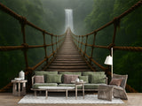 Natural Print "Bridge Into The Mist Toward The Waterfall" Brutal Wall Art Self-Adhesive Wallpaper For Living Room, Office, Adventure Lovers 🏞️