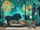 Traditional Jungle Wallpaper with Lion – Emerald Green Botanical Wall Mural with Gold Accents for Living Room & Bedroom