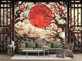 Vintage Japanese Style Wallpaper For Living Room "View From The Window To The Red Sun" Art Wall Self-Adhesive Artistic Wall Mural For Bedroom, Workspace, Office 🌅