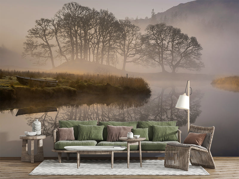 Nature Lake Wallpaper Boat Near Foggy Lake Vinyl Wallpaper Peel and Stick For Living Room, Bedroom, Relaxation Area