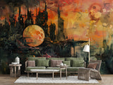 Futuristic Dystopian Cityscape Wall Mural – Surreal Sunset Abstract Peel and Stick Wallpaper, Living Room Art Print, Modern Office Design Decor