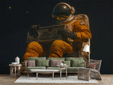 Non-Woven Wallpaper Astronaut in Space with Retro Boombox – Vintage Wall Mural for Bedroom and Living Room