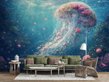 Non-Woven Wallpaper Ethereal Jellyfish Ocean Wall Mural Premium Marine Decor