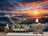 Non-Woven Wallpaper Panoramic Mountain Sunset Wall Art with Rainbow for Bedroom