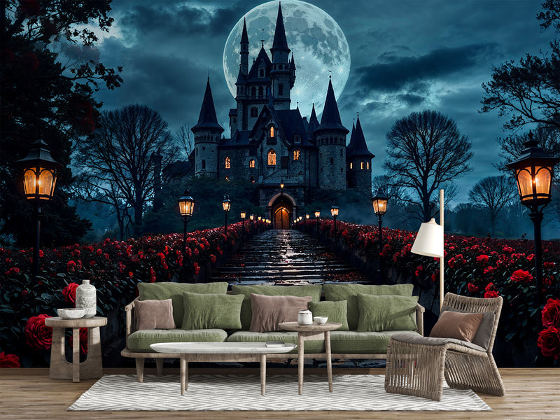 Gothic Style Peel and Stick Wall Mural for Living Room, Bedroom, or Home Office – "Rose Alley on a Gothic Night"