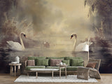 Vintage Wall Mural Romantic Motif Self-Adhesive Full Wall Wallpaper Art Print Swan Couple Print for Bedroom Living Room Design Pastel Colors for Relaxation Area Artistic Style 🕊️