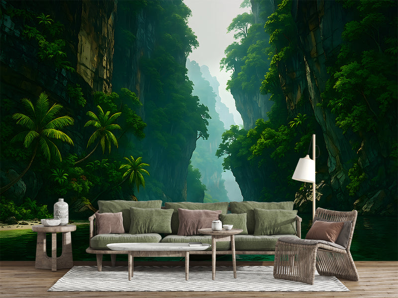 Art Wallpaper For The Whole Wall, Peel and Stick Wall Mural For Office, Print For Living Room, Poster For Bedroom "Mysterious Tropical Passage" 🌿