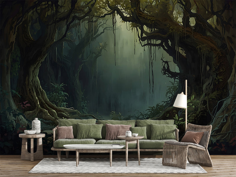 Traditional wallpaper Misty forest thickets, mystical atmosphere for bedroom, living room, or office Accent wall, Art Wall