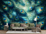 Peacock Feather Abstract Peel and Stick Wall Mural – Elegant Botanical Wallpaper in Teal Tones