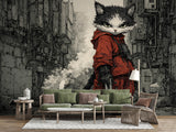 Cyberpunk Cat Wall Mural – Gaming Room Peel and Stick Wallpaper | Cool Teen Bedroom Decor Gift