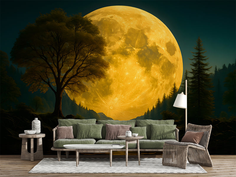 Natural Print Peel and Stick Mural For Living Room, Bedroom Office Poster "Mysterious Glow Of The Full Moon Over The Lake"