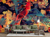 Vibrant Red Parrot Floral Peel and Stick Wallpaper – Tropical Botanical Style in Teal, Orange & Gold
