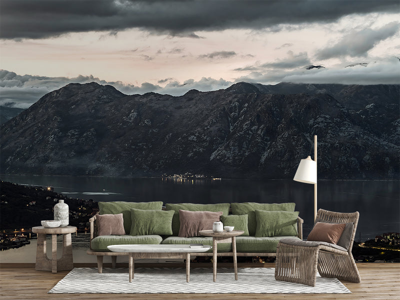 Nordic Design Peel and Stick Wall Mural Scandinavian Style Evening View of the Old Town of Kotor Bay from Mount Lovćen Print for Living Room, Office or Bedroom