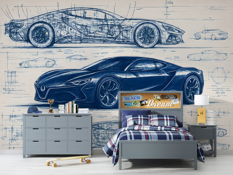 Minimalist wall design Full-wall self-adhesive wallpaper for garage, office print, art wall for a teenager's room "Car Blueprint in Blue" 🚗