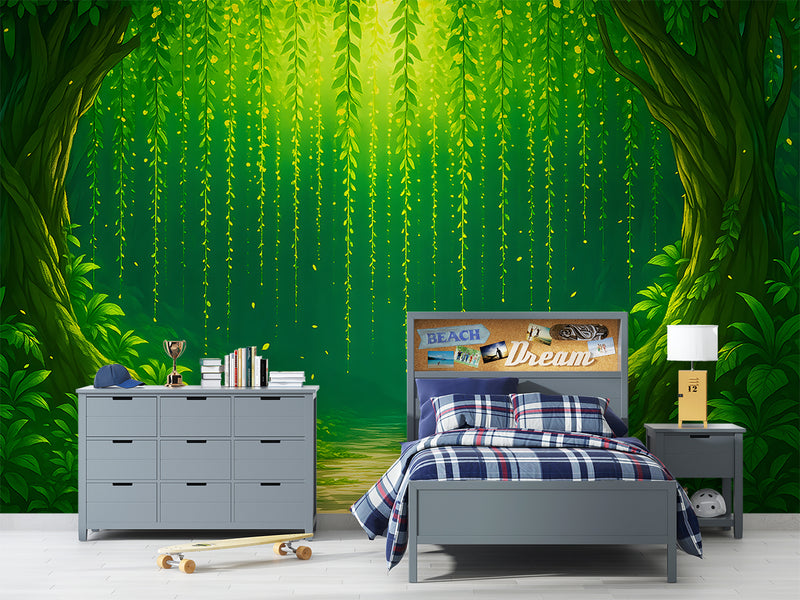 Nature Art For Kids Room Wallpaper Print For Nursery Self-Adhesive Wall Mural For Baby Room Full Wall Poster "Green Arch In The Forest"🌿