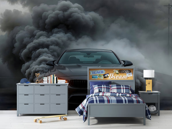 Brutal Design for Teen Room, Print for Gym or Office, Peel and Stick Wall Mural, Wall Art, Car Theme Decor "Car Emerging from Fog and Smoke" 🚗🌫️