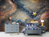 Celestial Abstract Peel and Stick Wall Mural – Cosmic Gold and Blue Art Wallpaper