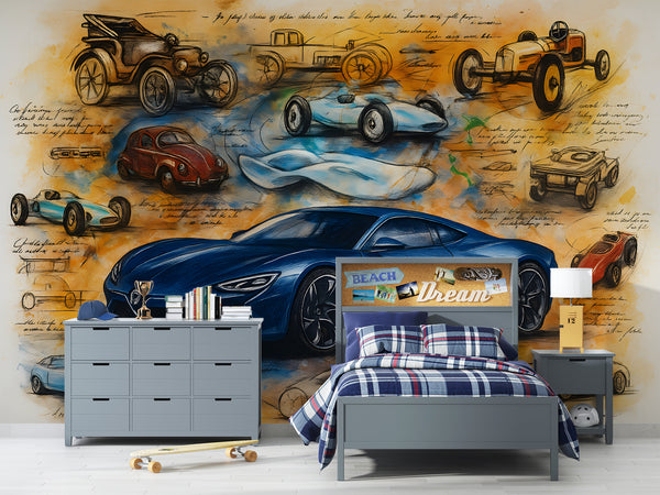 Vintage-style car wallpaper Peel and Stick wall mural for living room, kids' room, art wall in the hall, and office wall print 🚙
