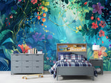 Enchanted Tropical Forest Wall Mural – Colorful Floral Jungle Peel and Stick Wallpaper for Kids Room & Bedroom