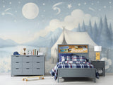Peel and Stick Kids Wall Mural Pastel Camping Night Scene Gentle Blue-White Nursery Wallpaper Calm Bedtime Forest Print for Children’s Room