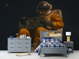Non-Woven Wallpaper Astronaut in Space with Retro Boombox – Vintage Wall Mural for Bedroom and Living Room