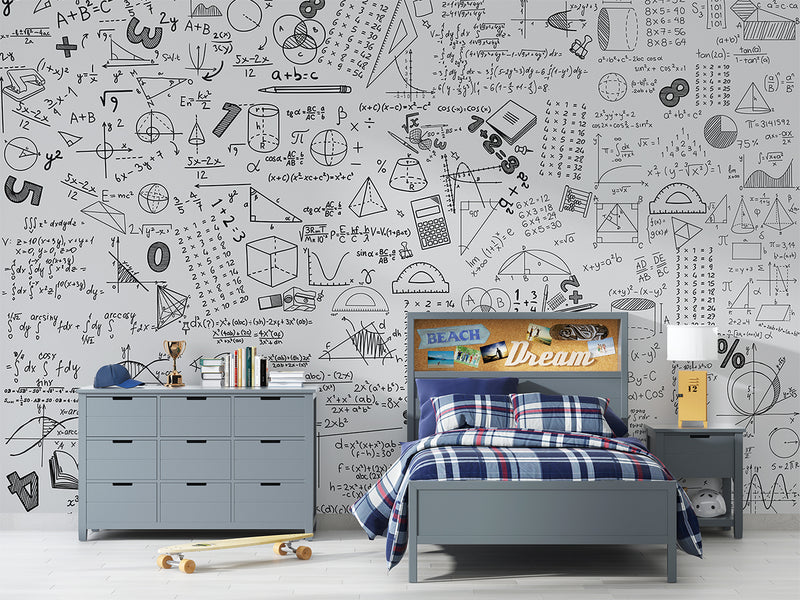 Graphic wallpaper Science theme Mathematical wallpaper Full wall peel and stick mural for kids’ room or living room Educational space print Gray background "Mathematical Formulas" 🧮