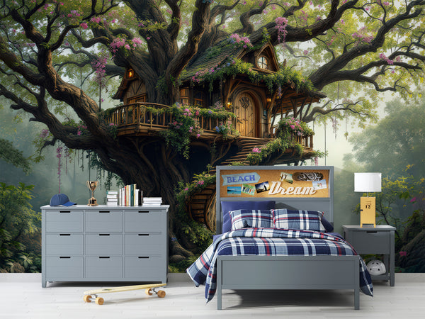 Children’s Dream Fantasy-Themed Mural Desing, Self-Adhesive Kids Wallpaper, Nursery Room Print, ‘Treehouse’ Wall Art