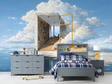 Dreamy Sky Library Wall Mural for Kids Room – Magical Floating Books Self-Adhesive Wallpaper