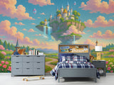 Floating Castle Fantasy Kids Wallpaper – Pastel Dreamland Peel and Stick Mural for Nursery and Playroom