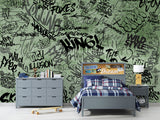 Self-Adhesive Green Graffiti Wall Mural for Gaming Room – Modern Urban Interior Design Decor