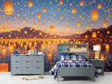 Peel and Stick Wall Mural Glowing Lanterns Over Water – Dreamy Nature Night Print for Kids Room
