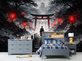 Traditional Wall Mural for a Gaming Zone – Chill Area Print Samurai Walking Toward the Temple