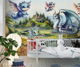 Self-Adhesive Full Wall Wallpaper For Kids Room, For Kindergarten "Dragon Family" Fairytale Print