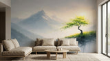 Serene Mountain Mist and Lone Tree Wall Mural - Non-Woven Wallpaper