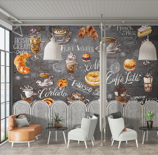 High-Quality Peel and Stick Full-Wall Mural Wallpaper, Vibrant Wallpaper for Kitchen Design, Interior Idea for Café or Restaurant — "Coffee and Dessert on a Dark Background"