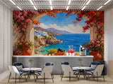 Impressionist Santorini Sea View Wall Mural - Mediterranean Terrace Oil Painting Non-Woven Wallpaper