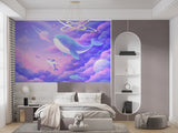 Dreamy Space Whale Wall Mural - Pastel Purple Clouds & Planets Nursery Non-Woven Wallpaper