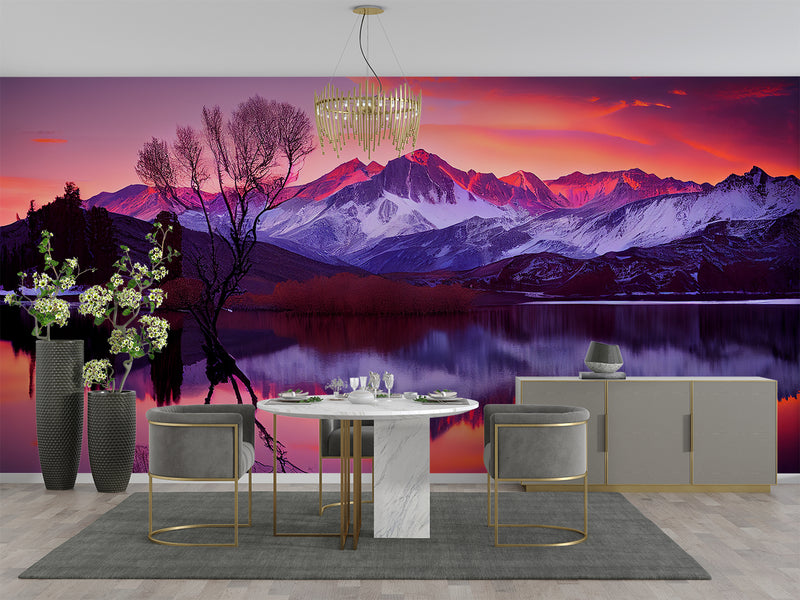 Bedroom and Living Room Wallpapers – Natural Print, Traditional Wall Murals for Accent Wall "Magnetic Mountains in Sunset Rays", Bold Design 🌄