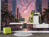 Sunset Cityscape Wall Mural Non-Woven Wallpaper Dreamy Pink Galaxy Urban Print