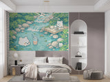 Kawaii Polar Bear Creek Picnic Nursery Wallpaper - Peel & Stick Mural