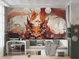 Epic orange anime dragon mural with cute fantasy creature and oriental details for gaming room wall decor