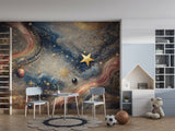 Luxury celestial wall mural with blue and pink fluid marble texture, golden glitter stars, planets, and astrology zodiac elements for living room decor