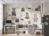 Seamless wallpaper pattern featuring cute cartoon beige teddy bears with honey pots, beehives, and honeycombs for neutral baby nursery wall decor