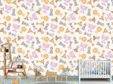 Seamless pattern of cute baby safari animals with gold crowns including elephant, lion, giraffe, and monkey for nursery wallpaper